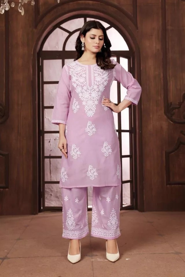 Heavy Cotton With Chikankari Embroidery Work Kurti Pant