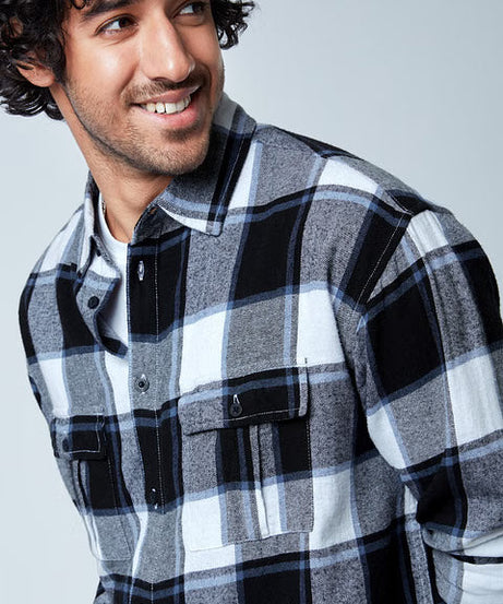 Plaid Grey White Men Utility Shirts