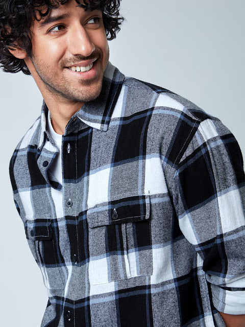 Plaid Grey White Men Utility Shirts