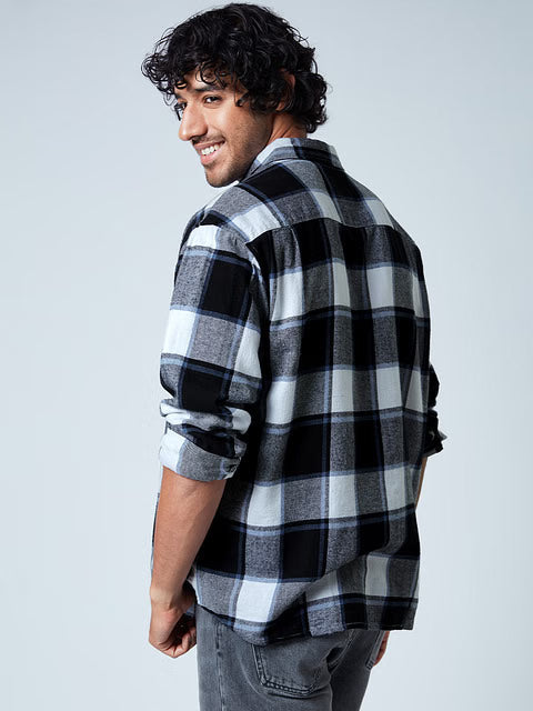 Plaid Grey White Men Utility Shirts