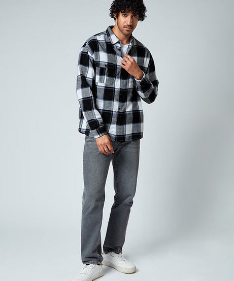 Plaid Grey White Men Utility Shirts