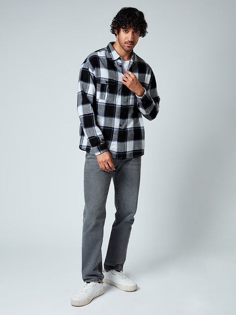Plaid Grey White Men Utility Shirts
