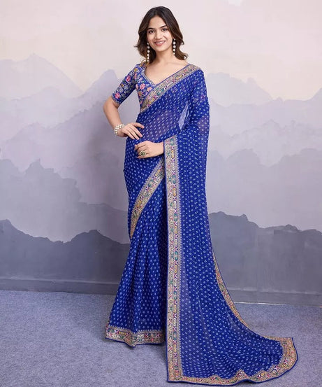 Georgette With Digital Print &Embroidery Work Sari With Blouse