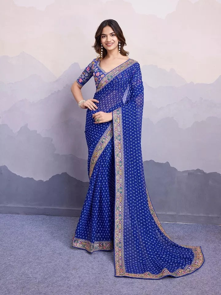 Georgette With Digital Print &Embroidery Work Sari With Blouse