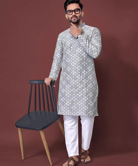Soft Silk With White Embroidery Thread Work Kurta Pajama Set For Men's