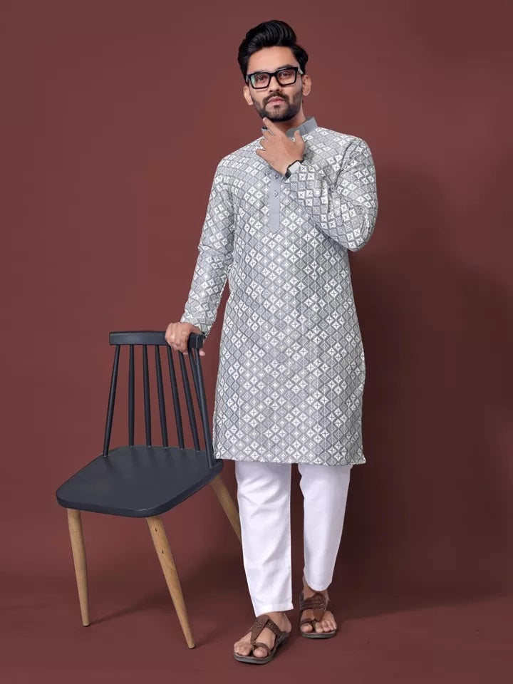 Soft Silk With White Embroidery Thread Work Kurta Pajama Set For Men's