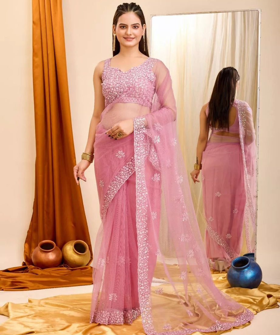 Soft Net  3MM Sequence Embroidery Work Saree & Blouse