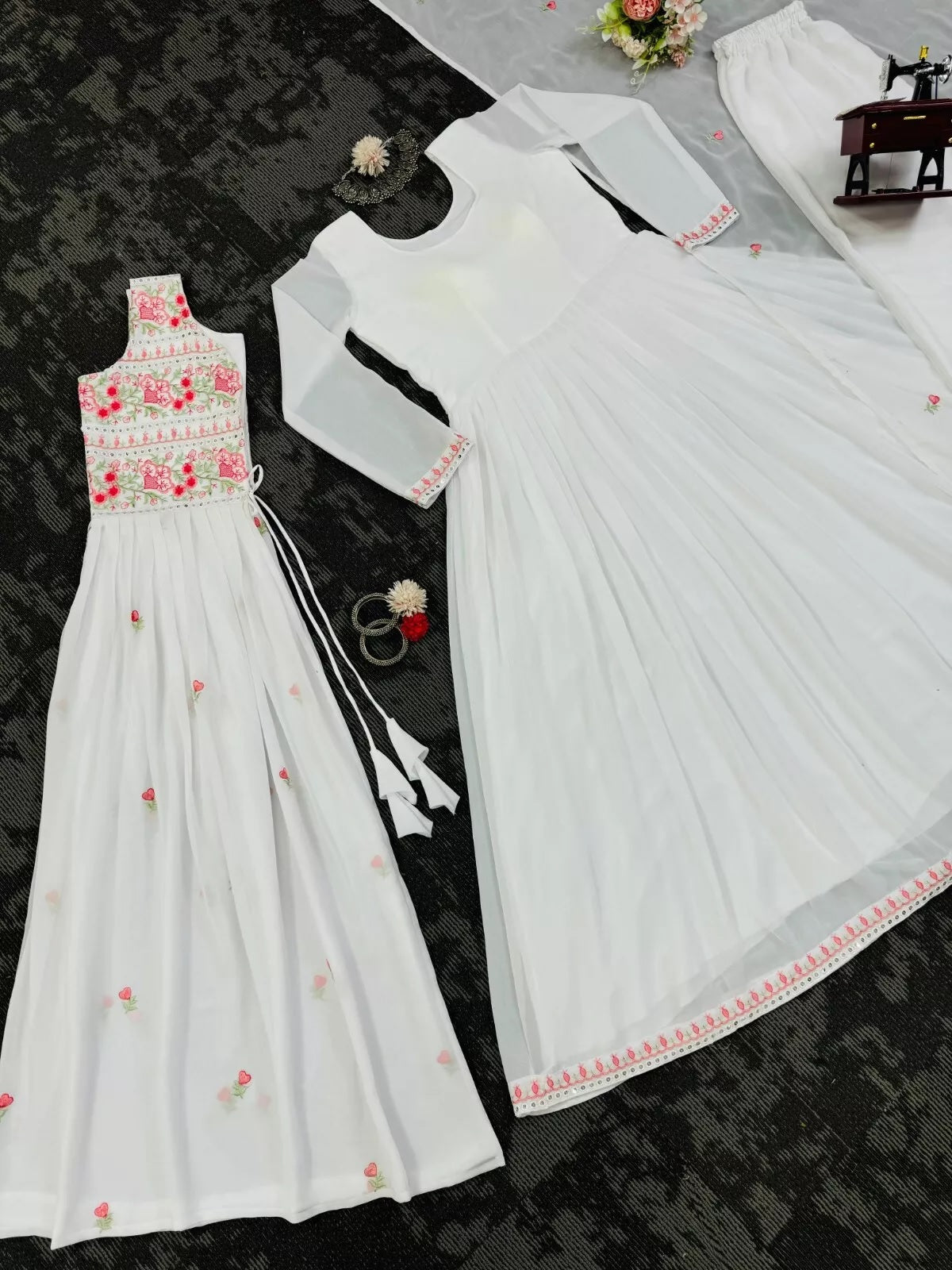 Faux Georgette Bollywood Full Stitched Kurti Shrug & Pant Dupatta