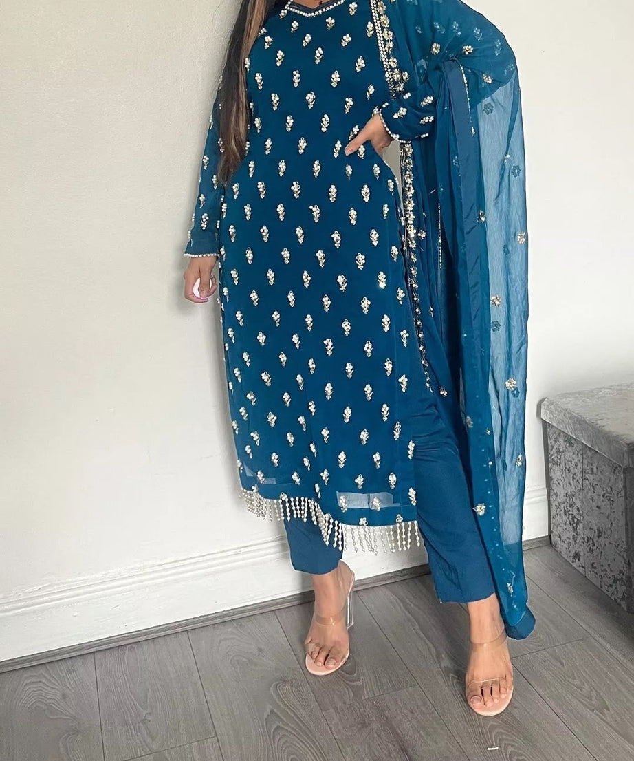 Traditional Fancy Wear Faux Georgette Top Pant With Dupatta