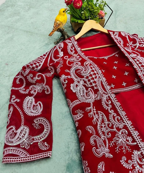 Faux Georgette With Designer  Embroidery Work Shrug - Palazzo & Blouse