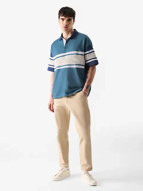 Solids Ocean Blue Colourblock Oversized Polos