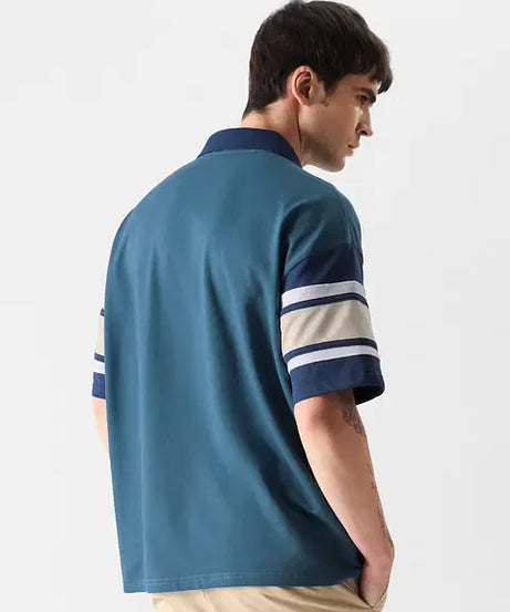 Solids Ocean Blue Colourblock Oversized Polos