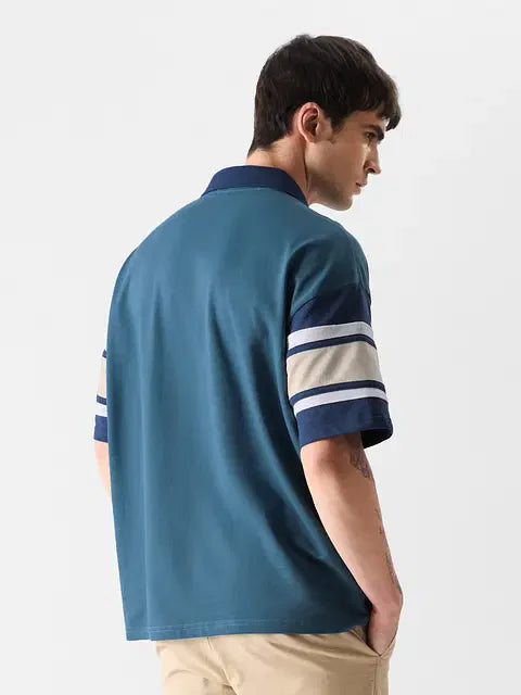Solids Ocean Blue Colourblock Oversized Polos