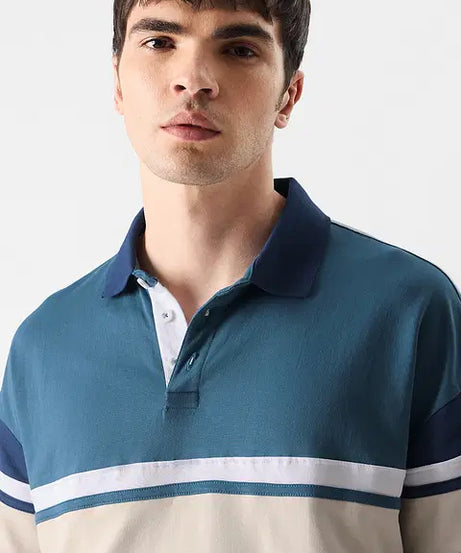 Solids Ocean Blue Colourblock Oversized Polos