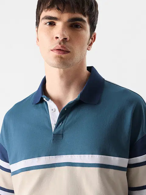 Solids Ocean Blue Colourblock Oversized Polos