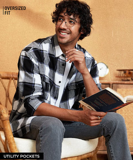 Plaid Grey White Men Utility Shirts