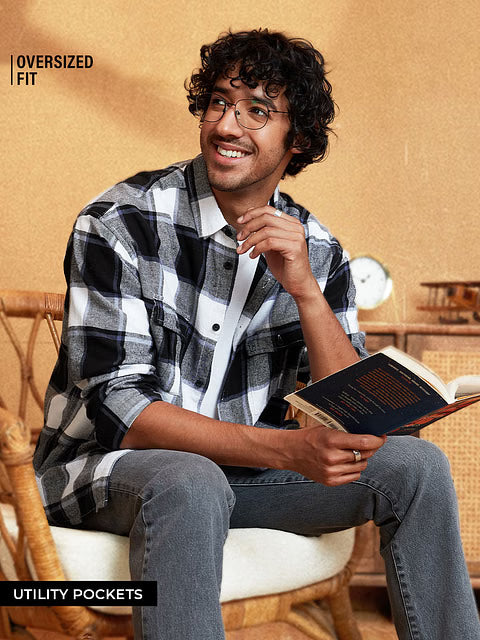 Plaid Grey White Men Utility Shirts