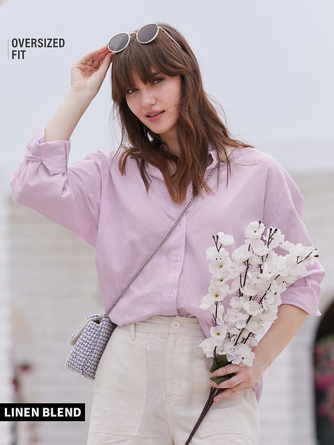 Cotton Linen Lavender Women Boyfriend Shirts