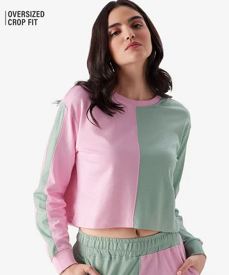 Solids Green Blush (Colourblock) Women Oversized T-Shirts