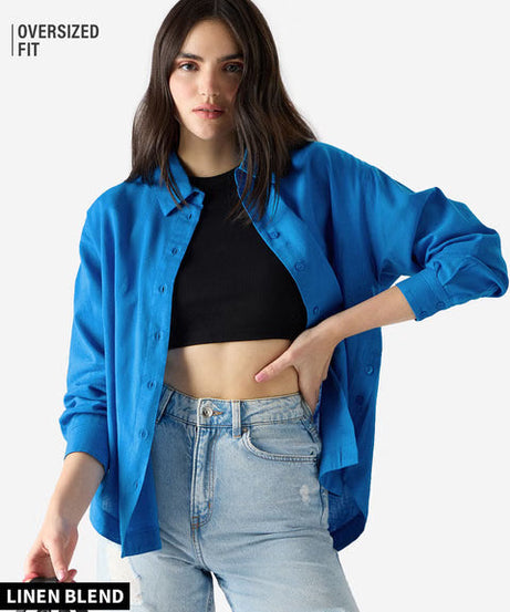 Cotton Linen Azure Blue Women Boyfriend Shirts