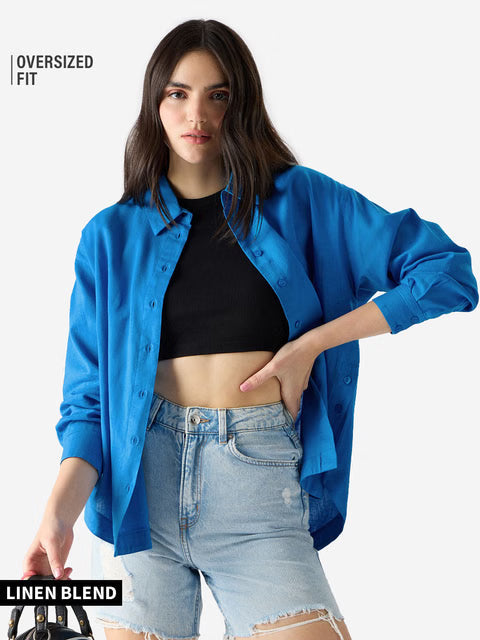 Cotton Linen Azure Blue Women Boyfriend Shirts