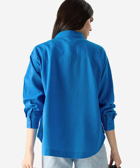 Cotton Linen Azure Blue Women Boyfriend Shirts