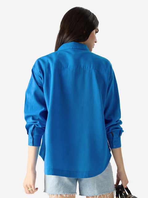 Cotton Linen Azure Blue Women Boyfriend Shirts