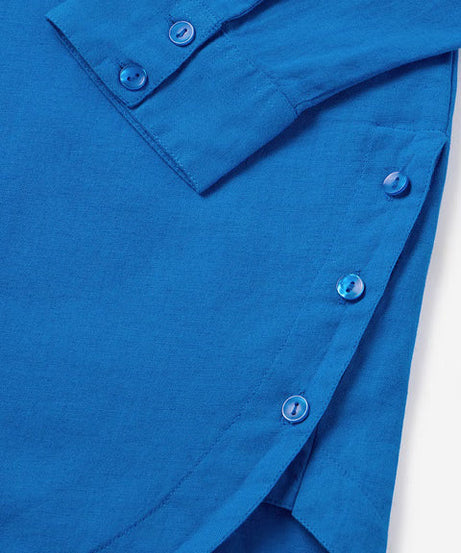 Cotton Linen Azure Blue Women Boyfriend Shirts