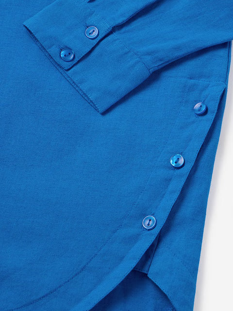 Cotton Linen Azure Blue Women Boyfriend Shirts