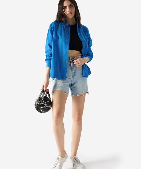 Cotton Linen Azure Blue Women Boyfriend Shirts