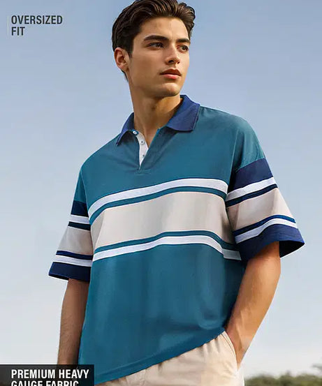 Solids Ocean Blue Colourblock Oversized Polos