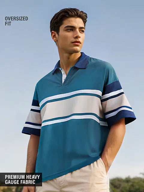 Solids Ocean Blue Colourblock Oversized Polos