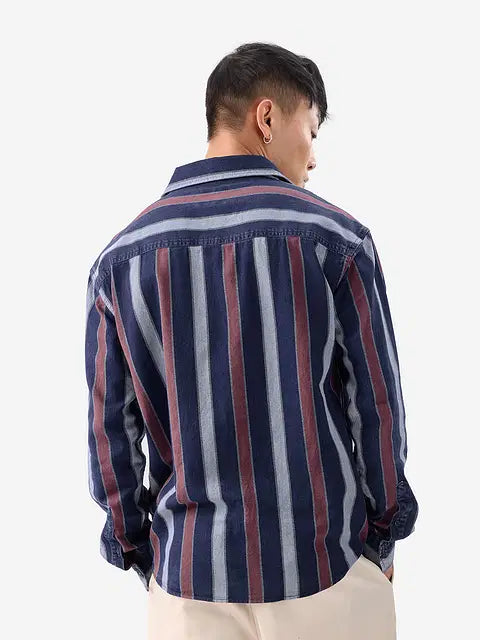 Stripes Blue, Rust Red Men Relaxed Shirts