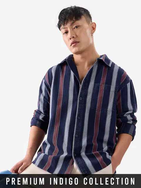 Stripes Blue, Rust Red Men Relaxed Shirts