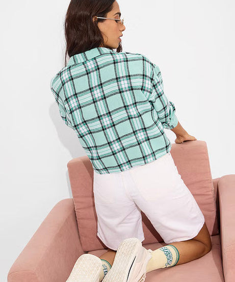 Plaid Pool Green And White Women Boxy Fit Shirts