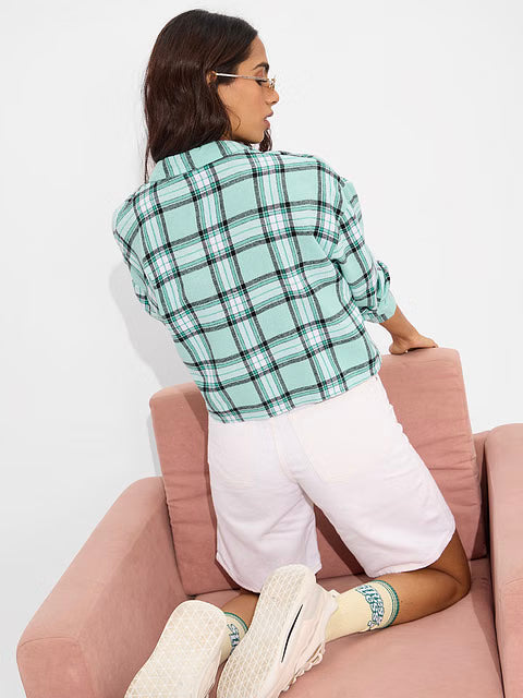 Plaid Pool Green And White Women Boxy Fit Shirts