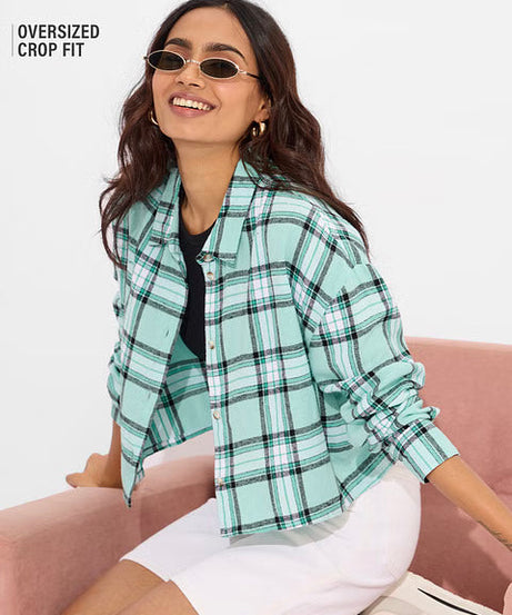 Plaid Pool Green And White Women Boxy Fit Shirts