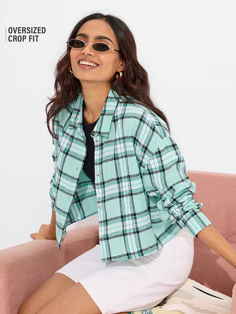 Plaid Pool Green And White Women Boxy Fit Shirts