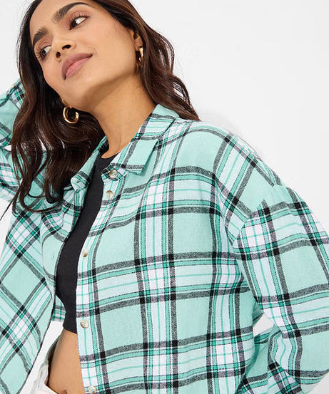 Plaid Pool Green And White Women Boxy Fit Shirts