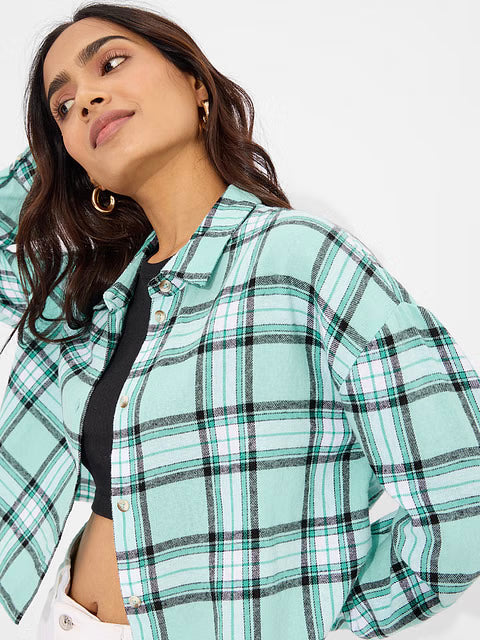 Plaid Pool Green And White Women Boxy Fit Shirts
