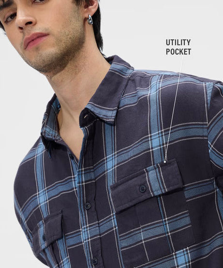 Plaid Blue Men Utility Shirts