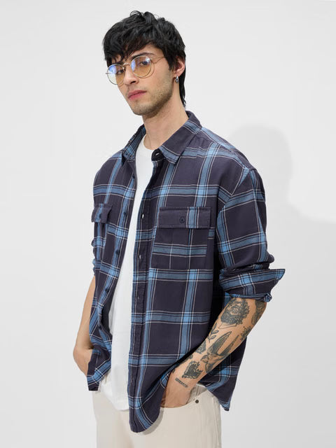 Plaid Blue Men Utility Shirts