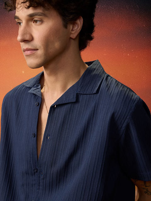 Solids Rich Navy Blue Men Textured Shirts