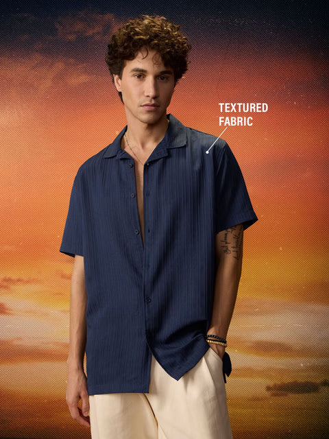 Solids Rich Navy Blue Men Textured Shirts