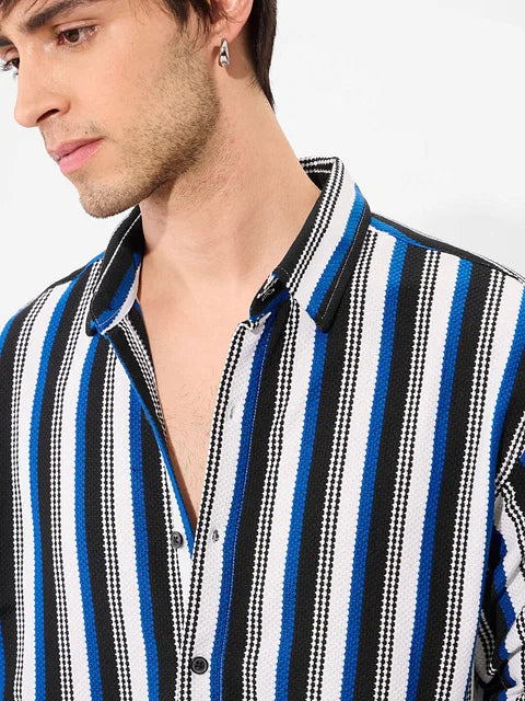 Popcorn Stripes: Blue Horizon Men Textured Shirts