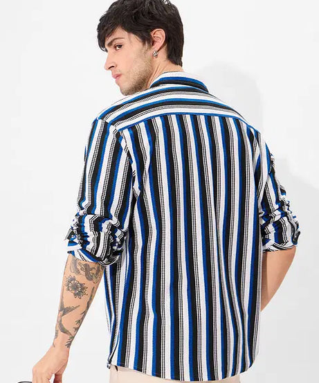 Popcorn Stripes: Blue Horizon Men Textured Shirts
