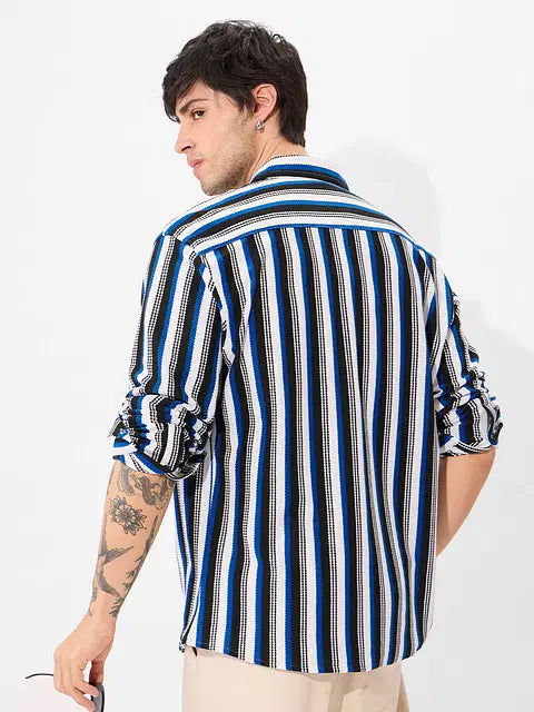 Popcorn Stripes: Blue Horizon Men Textured Shirts