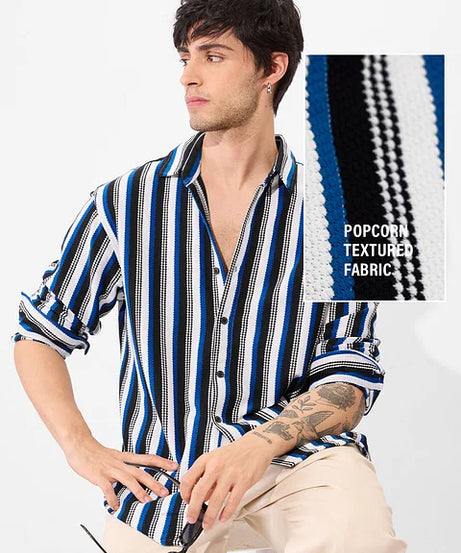 Popcorn Stripes: Blue Horizon Men Textured Shirts