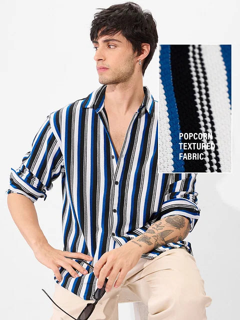 Popcorn Stripes: Blue Horizon Men Textured Shirts