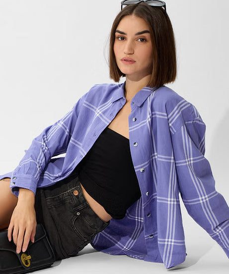 Plaid Purple And White Women Boyfriend Shirts